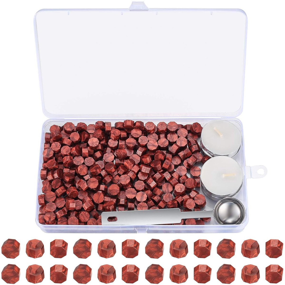 325 stuks zegelwas set, achthoekige was zegel met 4 theekaarsen, was smeltlepel, voor stempels, briefkralen (wijnrood) (rood knipperend)
