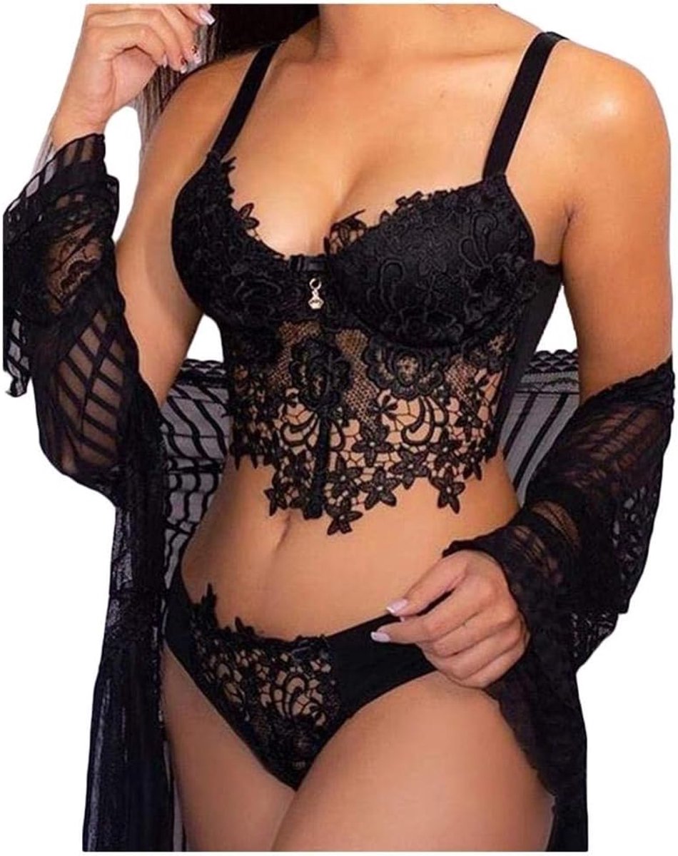 Lingerie voor dames V-hals transparante lingerie met jarretelgordel lingerie bodysuitVrouwen Lingerie Set Verleidelijk Kant Diepe V-hals Draadloze Beha Sexy Lingerie Set String Ondergoed