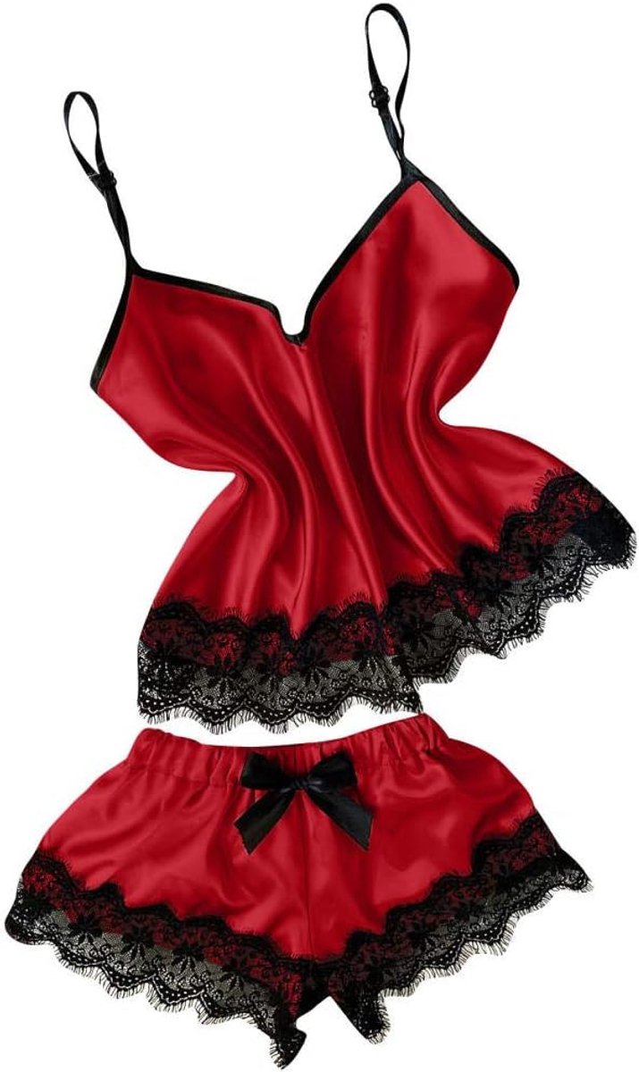 Lingerie Dameslingerie Sexy set kanten Kimono nachtkledingDames Nachtkleding Chique V-hals Sexy Stain Camisole Pyjama Shorts Set-Red_M