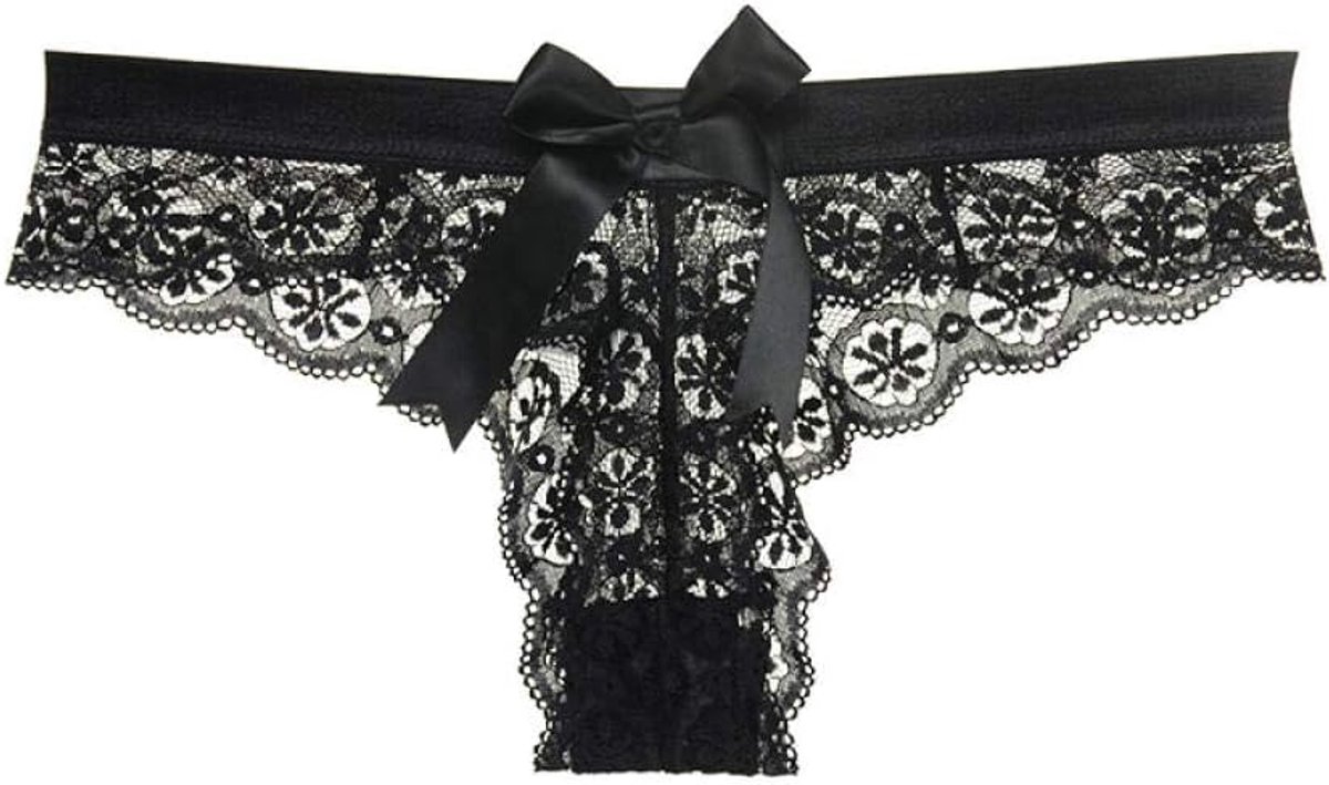 Sexy kanten nachthemd bretels sexy lingerie vrouwen petticoat lingerie pyjamaDames Lingerie Kanten Ondergoed Femal Sexy T-back String Sheer Panties Transparante Knickers-Black_XL
