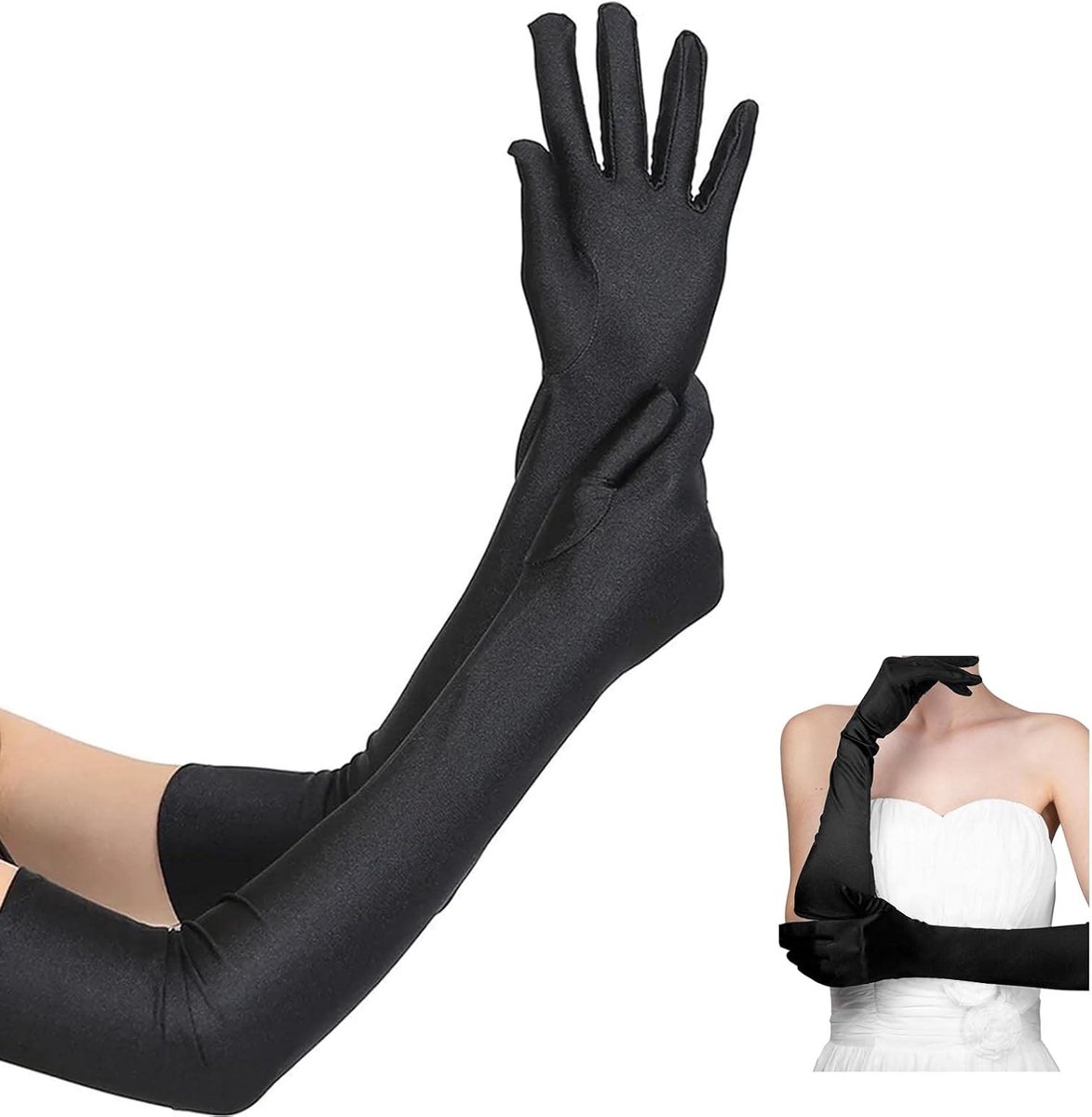 Handschoenen voor dames, feestprestatiehandschoenen, bruiloft ellebooghandschoenen, zwarte lange handschoenen, Zwart, Eén maat