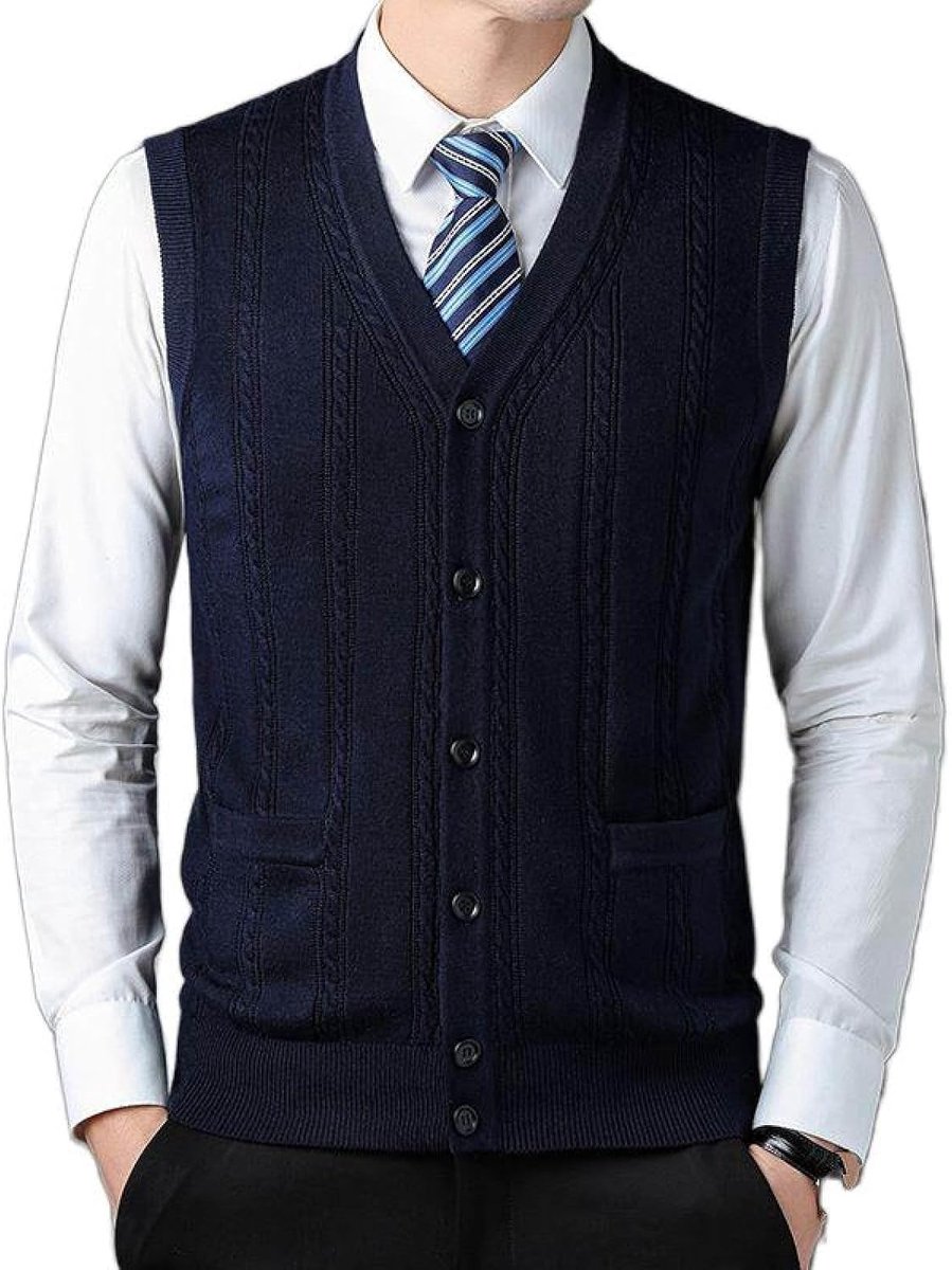 Vest Met V-Hals, Gebreid Vest Met Contrasterende Jacquard, Mouwloos Vest Met Contrasterend Jacquard, Zakelijk Casual Truivest, Herengebreid Vest, Vest Met Trui, Tanktops, Marineblauw,