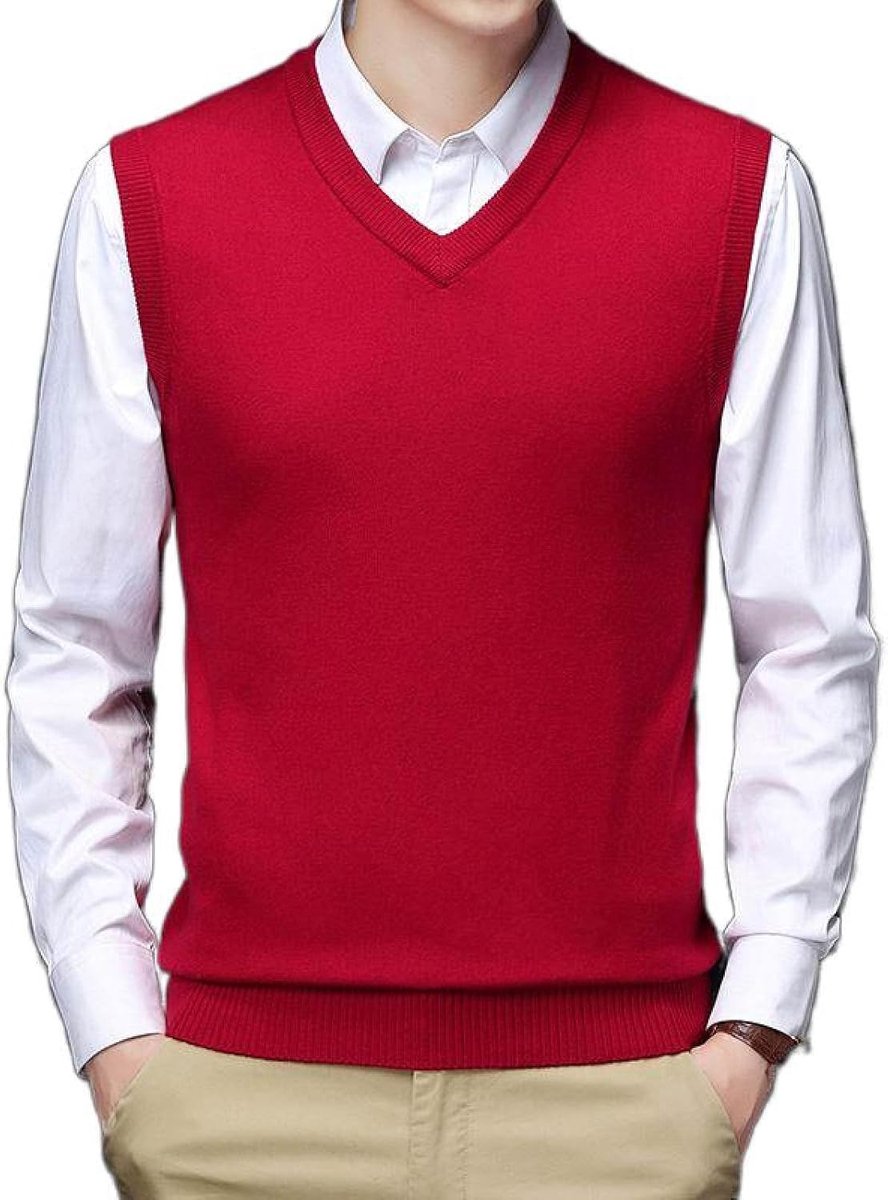 Klassiek Effen Kleur Zakelijk Vest Met V-Hals, Herfst En Winter Heren Mouwloze Trui Gebreid Vest Vaderkleding Van Middelbare Leeftijd, Heren Gebreide Trui Tanktops, Rood, S
