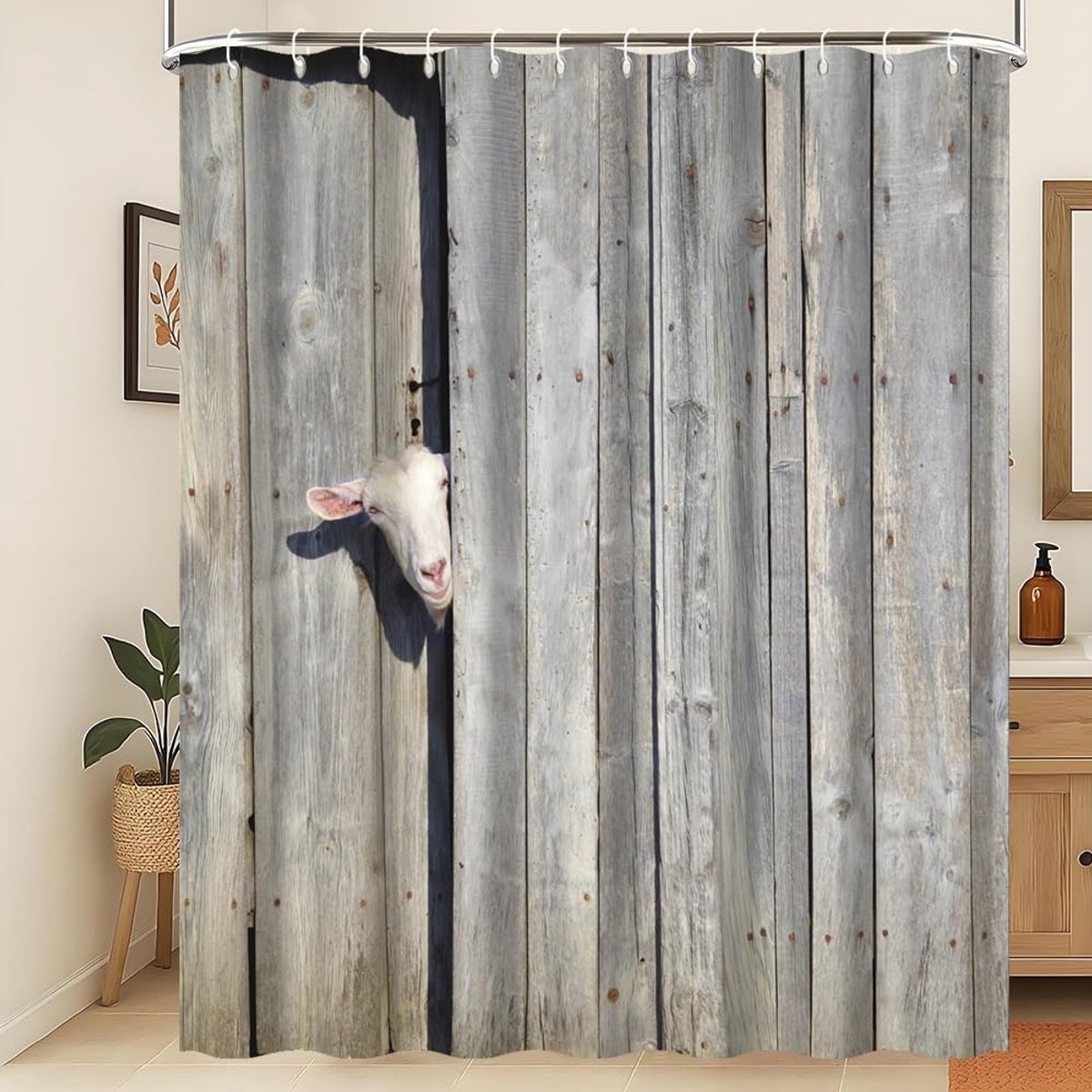 Douchegordijn boerderijdier badkamer gordijn rustieke houten deur schattig schaap in rustiek houten huisje landbouwgrond waterdicht schimmelbestendig wasbaar bad gordijn 200 x 180 cm