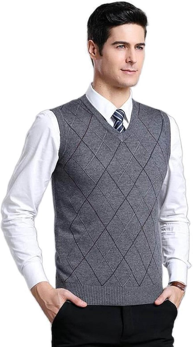 Argyle V-Hals Mouwloze Trui Trui, Herfst En Winter Heren Gebreide Trui Vest, Middelbare Leeftijd Kleur Bijpassende Verdikte Casual Heren Gebreide Trui Tanktops,Donkergrijs,S