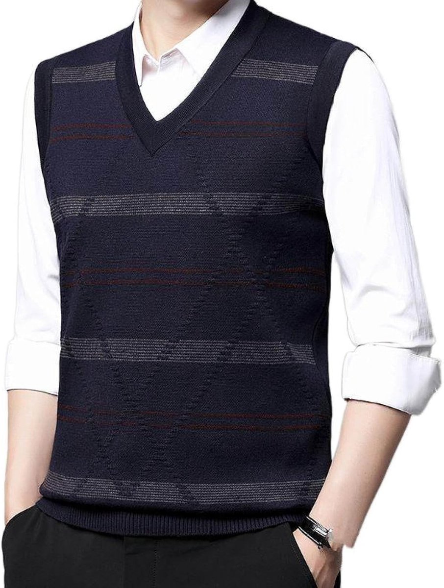 Kasjmier Gemengd Gebreid Vest Met V-Hals, Klassiek Streepkleur Bijpassend Ontwerp Casual Mouwloos Vest Pullover Trui, Zakelijk Heren Breigoed Gebreid Vest Trui Tanktops,Nevy Blue,S
