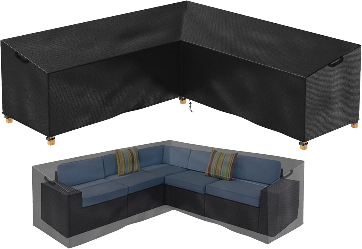 Hoes voor tuinmeubelen L-vorm, tuinmeubelhoes lounge cocktailstoel rotan bankhoes beschermhoes tuinmeubel waterdicht 600D verlengt de levensduur van meubels (215x215x80x85cm)