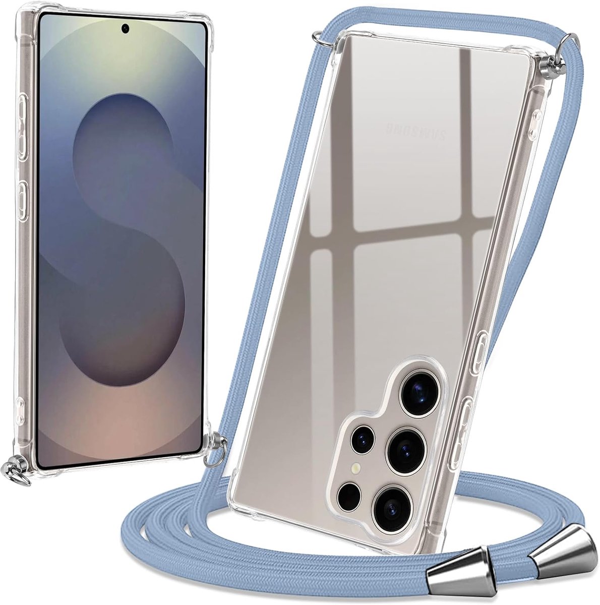 Telefoonhoesje met koord voor Samsung Galaxy S25 Ultra 5G, transparante TPU-hoes, stootvast, krasbestendig, siliconen hoes met ketting, grijs