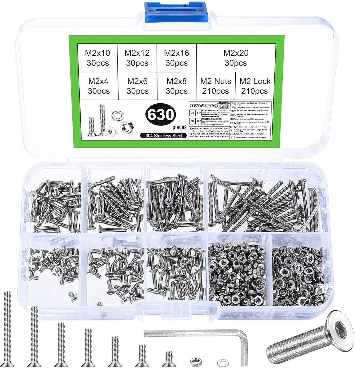 630 stuks M2 schroevenset, verzonken kopschroeven, moeren, roestvrijstalen binnenzeskantschroeven met moersets, platte kop, binnenzeskantschroeven en sluitringen kit (zilverkleurig)