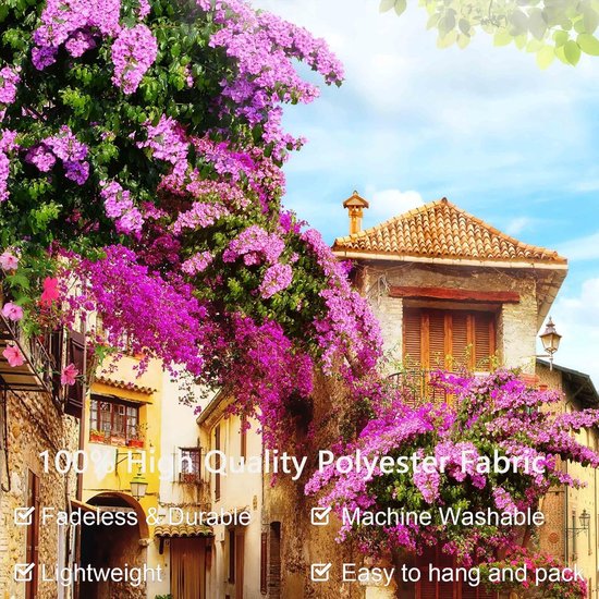 Mediterrane wandtapijt, bloeiende bougainvillea, straatscène, wanddoek, kuststad, natuur, landschap, boho, mooie wandtapijten, café, restaurant, woonkamer, achtergrond decoratie, 300 x 180 cm — afbeelding 2