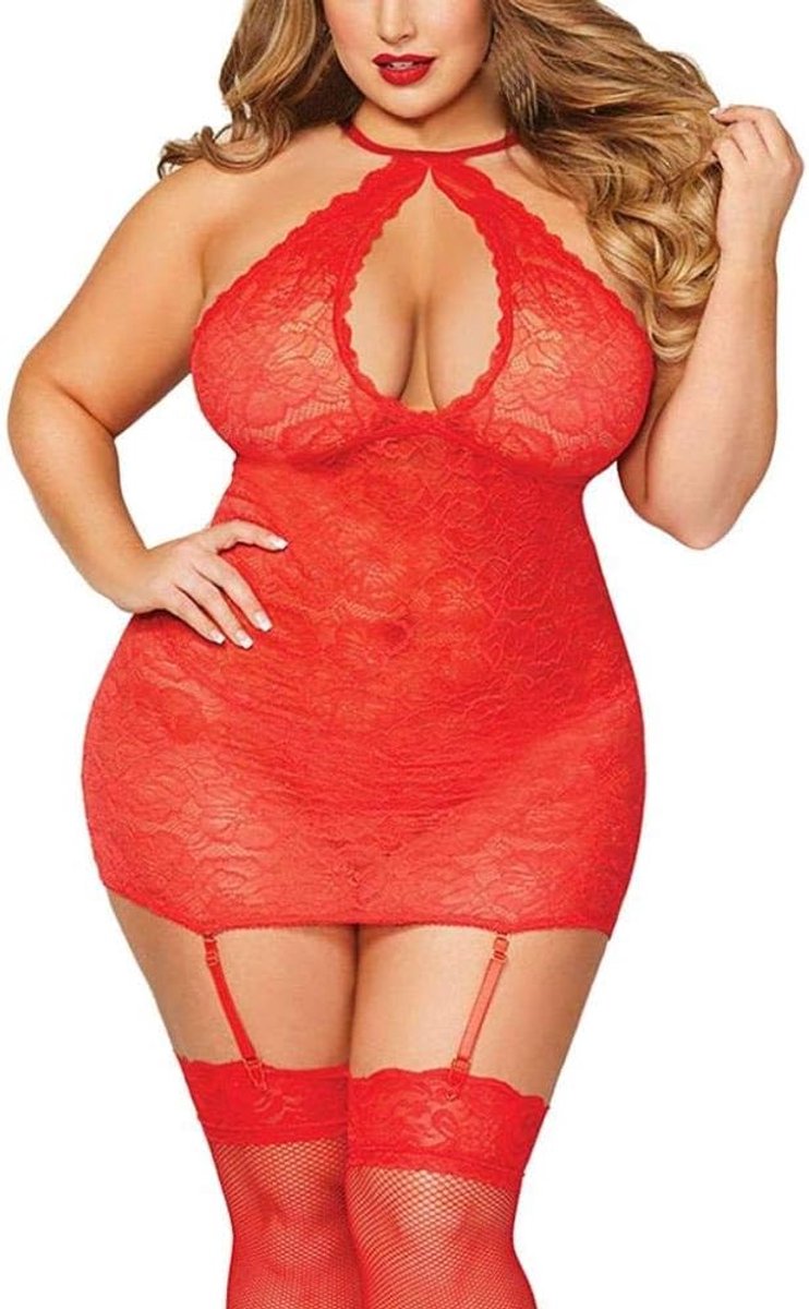 Babydolls, nachtjaponnen & negligés Vrouwen Sexy Lingerie Halter Plus Size Kanten Kousenband Verleiding Erotische Porno Ondergoed Dames Set-Hot_Pink_L