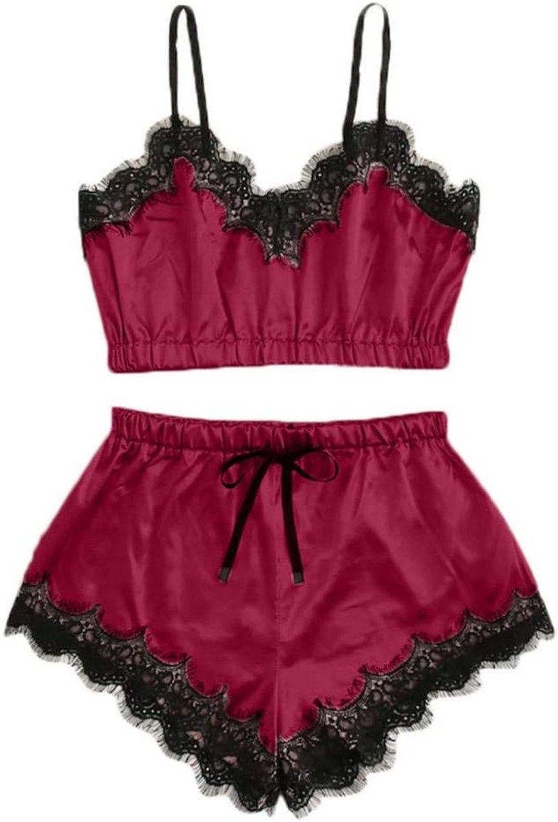 Dames Vrouwen Erotische Nachtkleding Sexy Lingerie Bh Slips Ondergoed Verleiding Kant Satijn Kostuum S-2XL-Wine_M