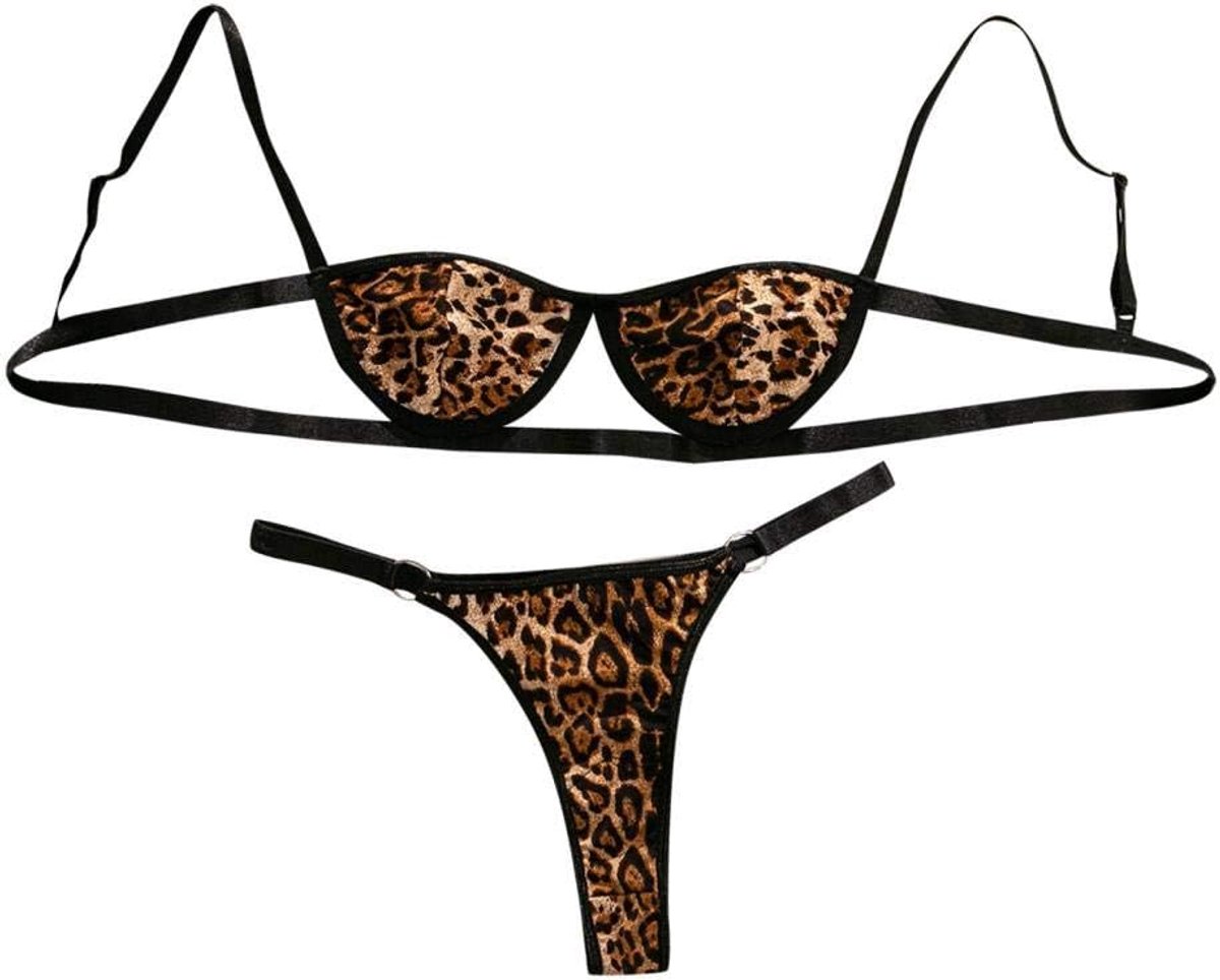 Dames Sexy Luipaard Vrouwen Bh Set Hol Thong Ondergoed Panty Luxe Beha Korte Lingerie Set