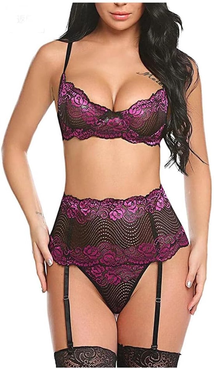 Kleding Vrouwen Ondergoed Beha Slips Sexy Lingerie Hollow Out See Through Lace Kostuums Nachtkleding Set