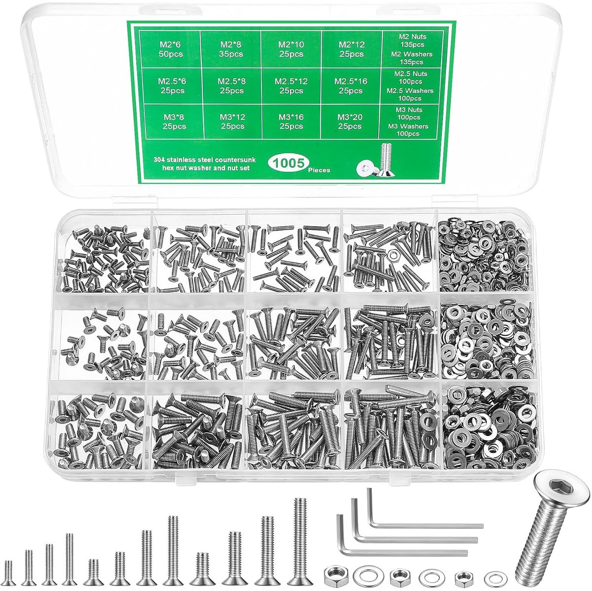 1005 stuks M2, M2,5 M3 schroeven met verzonken kop, torx-schroevenset, torx-schroeven, machineschroeven assortiment, zilveren platte kopschroeven met moeren en sluitringen kit