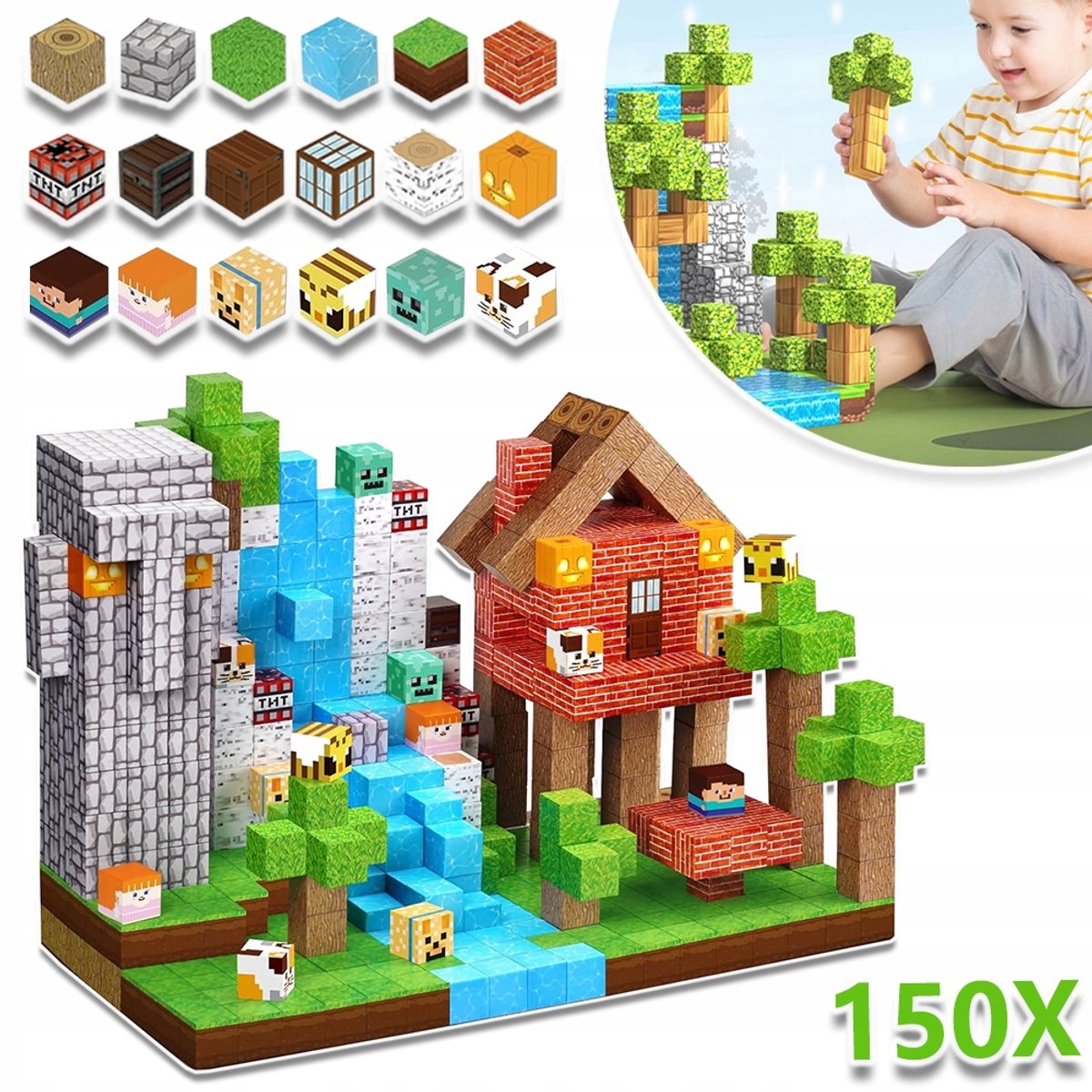 150 Magnetische Bouwstenen met Felle Kleuren Leuke Patronen - STEM Montessori Sensorisch Speelgoed - Educatief Bouwpakket voor Kinderen - Perfect Kerstcadeau & Sinterklaascadeau