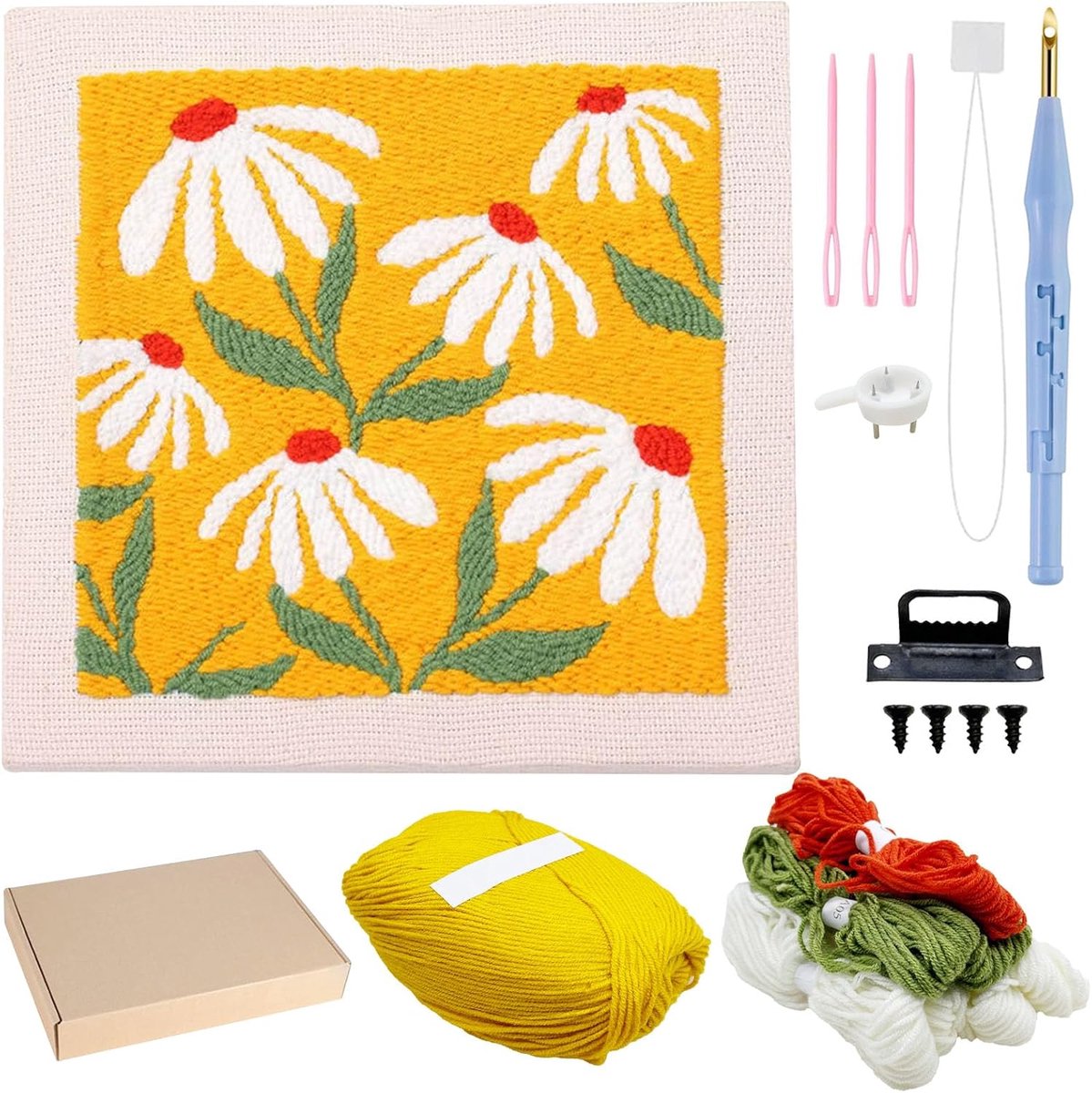 Punch Needle Startpakket, Punch Needle Borduurset met Frame, Vierkant Doek met Bloemmotief, Ring, Garens (Oranje en Wit)