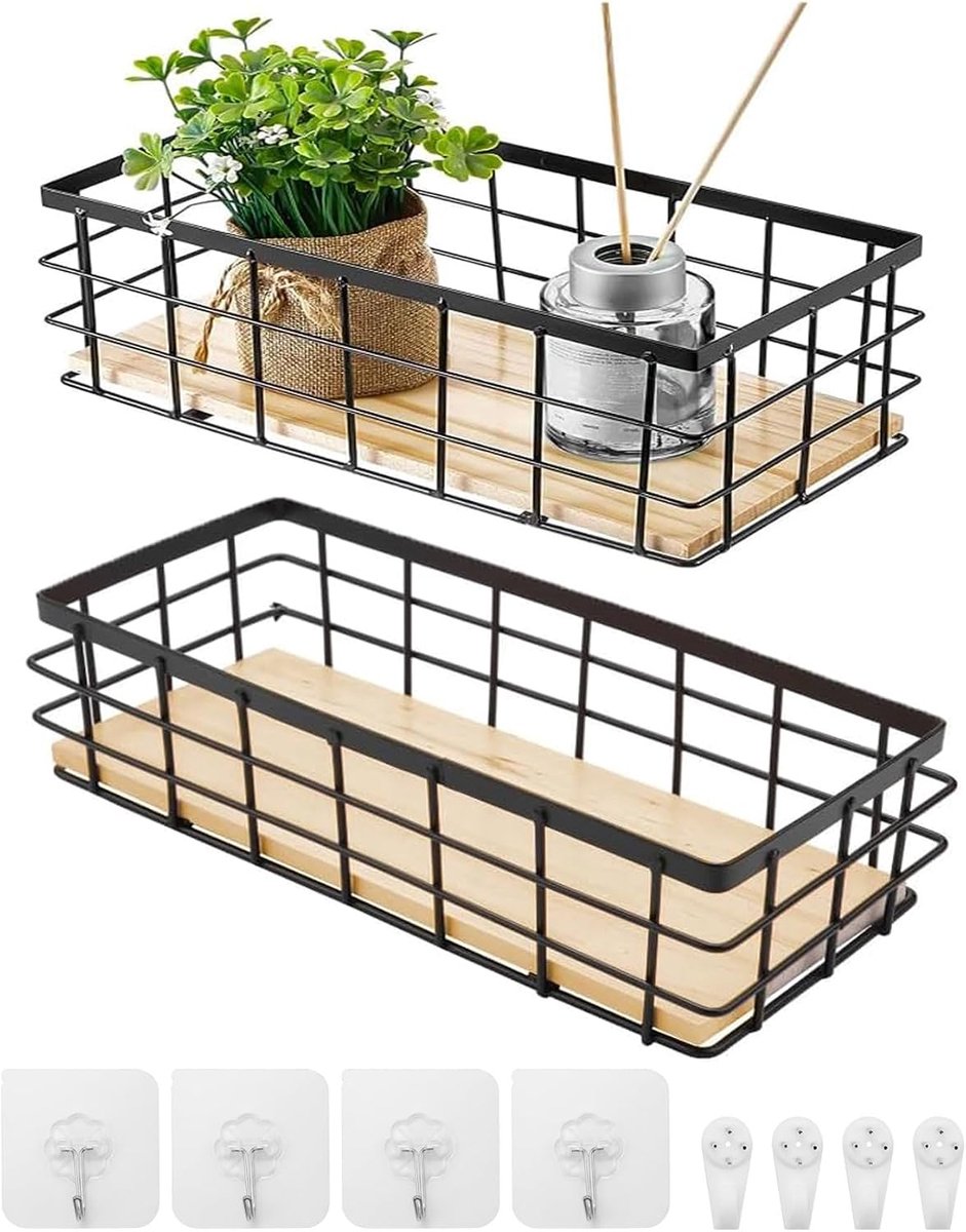 Manden, 2 stuks, zwart, badkamermand, organizer, draadmanden, wandhangers, stapelbaar voor keuken, fruit, snacks, badkamer, kantoor
