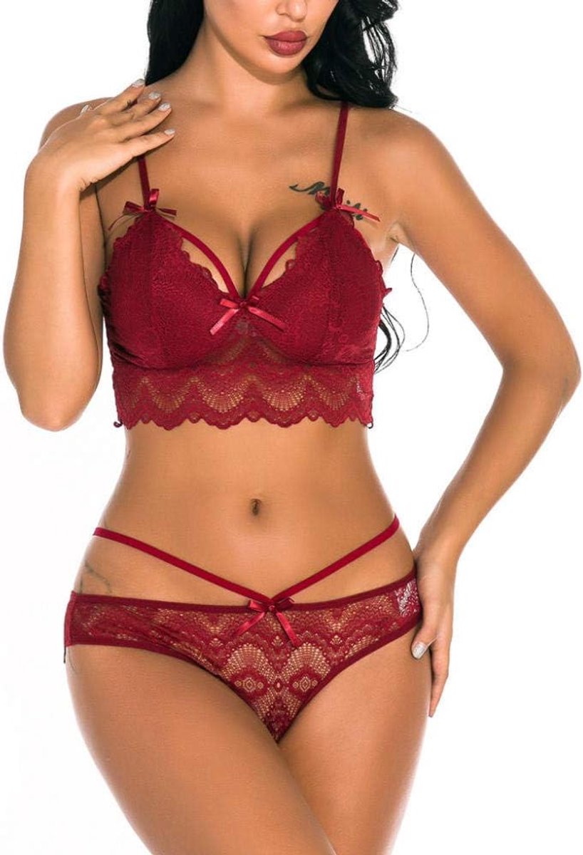 Sexy dames erotische lingerie Dames Sexy Lingerie Set Kanten Beha Slipje Underwear-red_L