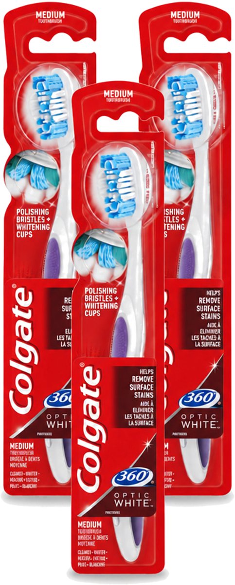 3 x Colgate - Tandenborstel - 360 Optic White Medium- Wit - 1 Tandenborstel - Bulkverpakking - 3 stuks