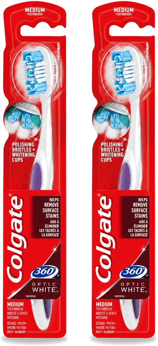 2 x Colgate - Tandenborstel - 360 Optic White Medium- Wit - 1 Tandenborstel - Bulkverpakking - 2 stuks