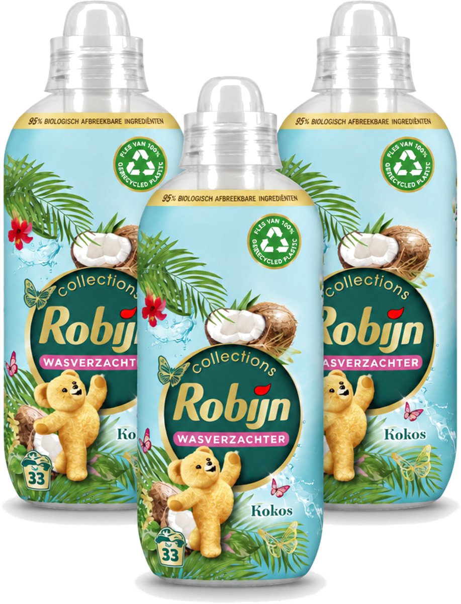 3 x Robijn - Kokos Sensation - Wasverzachter - Tropische Geur - 33 Wasbeurten - 825 ml - Voordeelverpakking - 3 stuks