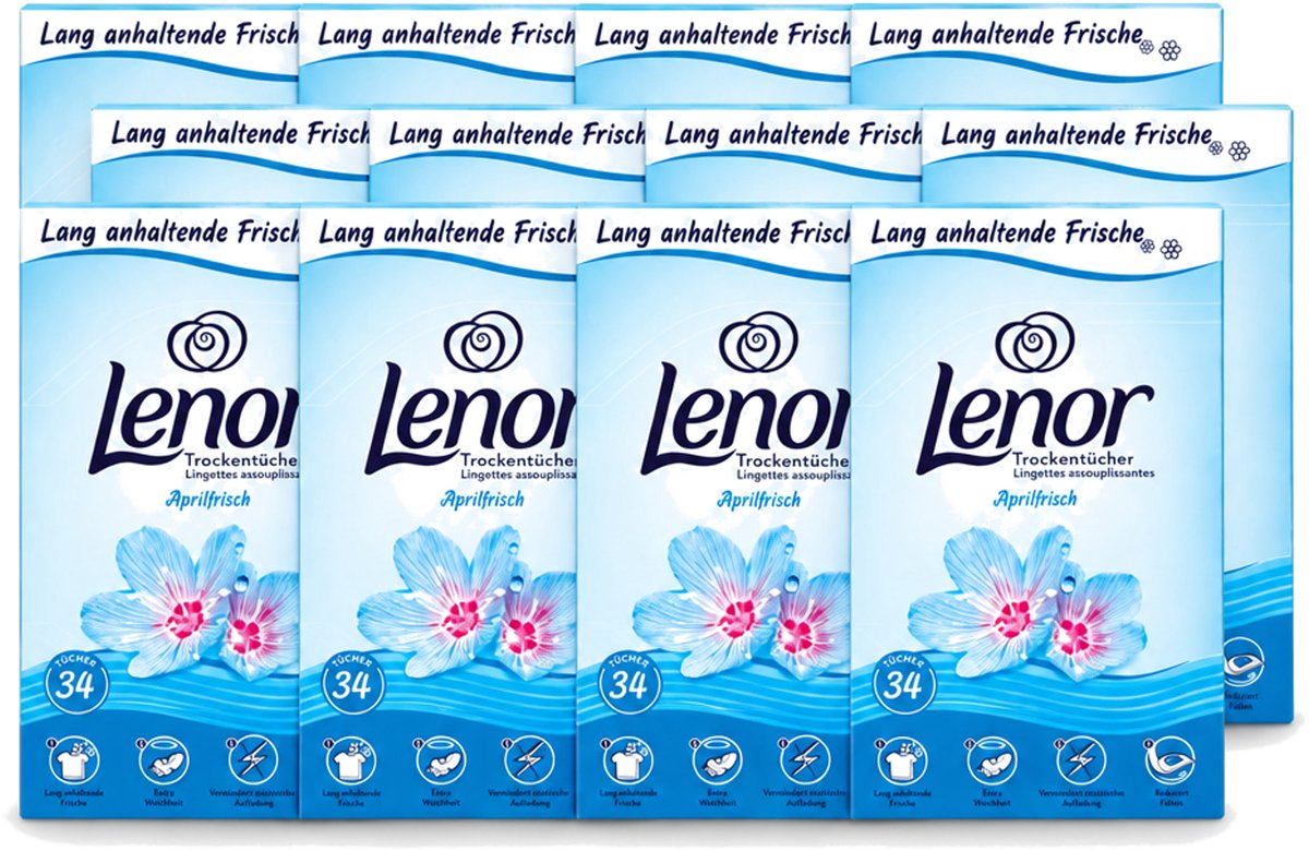 12 x Lenor - Droogtrommeldoekjes - Aprilfris - Textielverfrisser - 34 Doekjes - Voordeelverpakking - 12 stuks