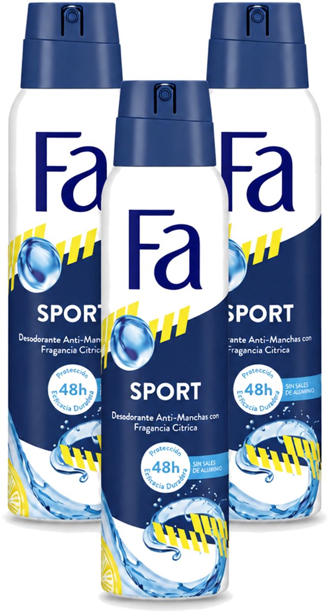 3 x Fa - Deodorant Spray - Sport - Citroen - Tegen Vlekken - 48 uur Bescherming - 150 ml - Bulkverpakking - 3 stuks