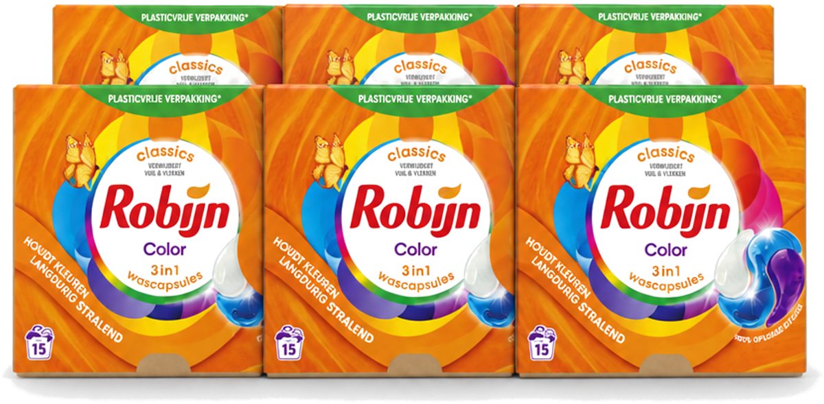 6 x Robijn – 3-in-1 Wascapsules – Color – 15 capsules - Voordeelverpakking - 6 stuks