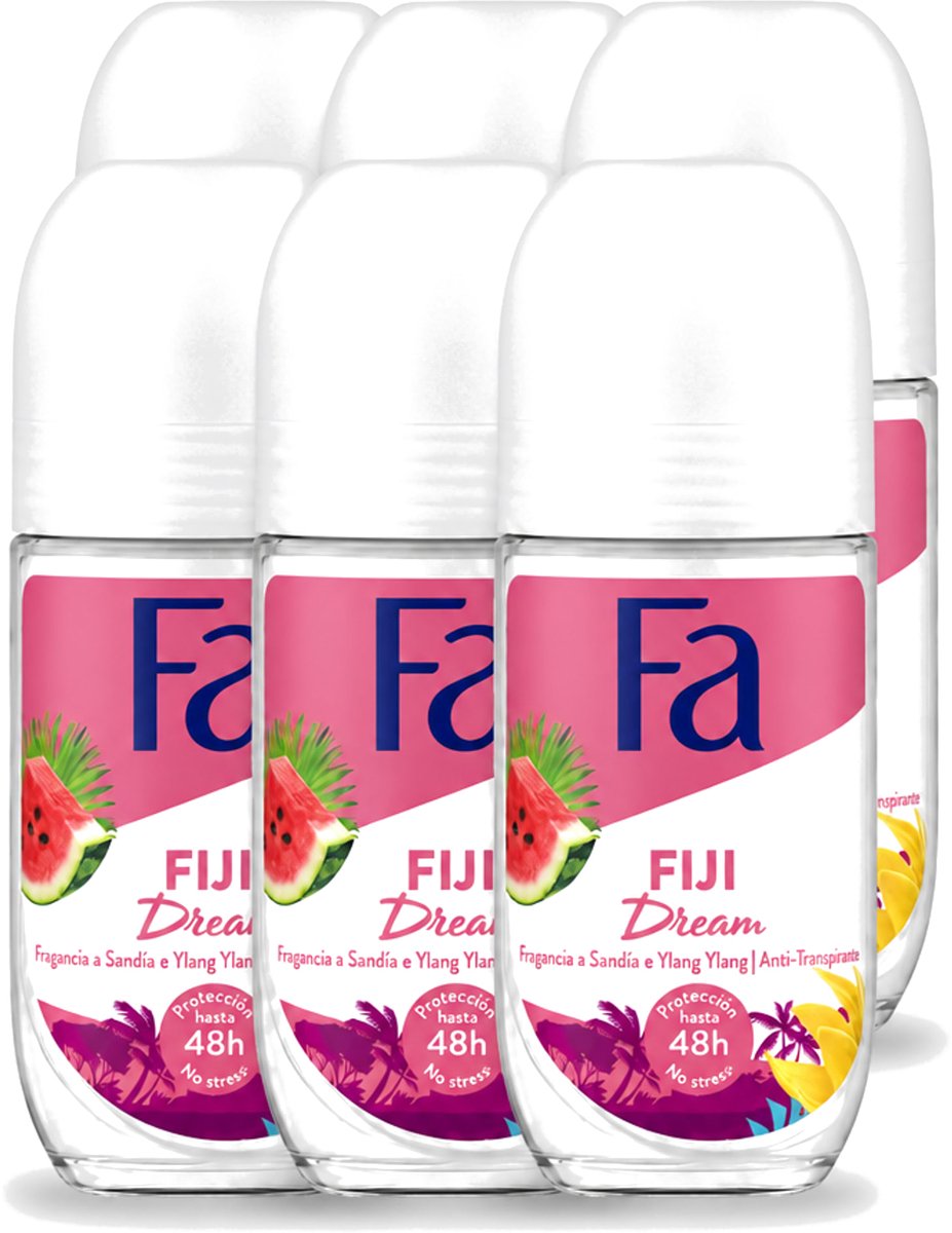 6 x Fa - Deodorant Roller - Fiji Dream - Watermeloen & Ylang Ylang - 48 uur Bescherming - 50 ml - Voordeelverpakking - 6 stuks
