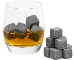 Set van 9 whiskystenen, grijs, van natuurlijk speksteen, on the Rocks, koelstenen met praktische stoffen zak