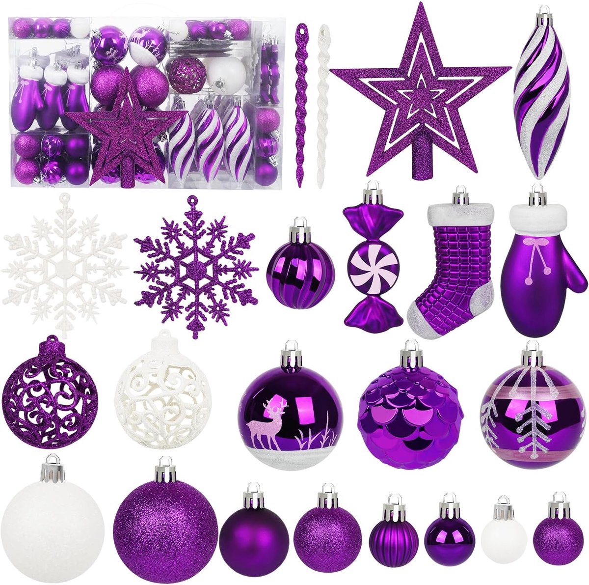 Kerstballen, ornamenten, 135 stuks, onbreekbare kunststof, verschillende voorgebonden kerstballen voor kerstboom, hangende decoraties, festival, party, feestdecoratie (paars)