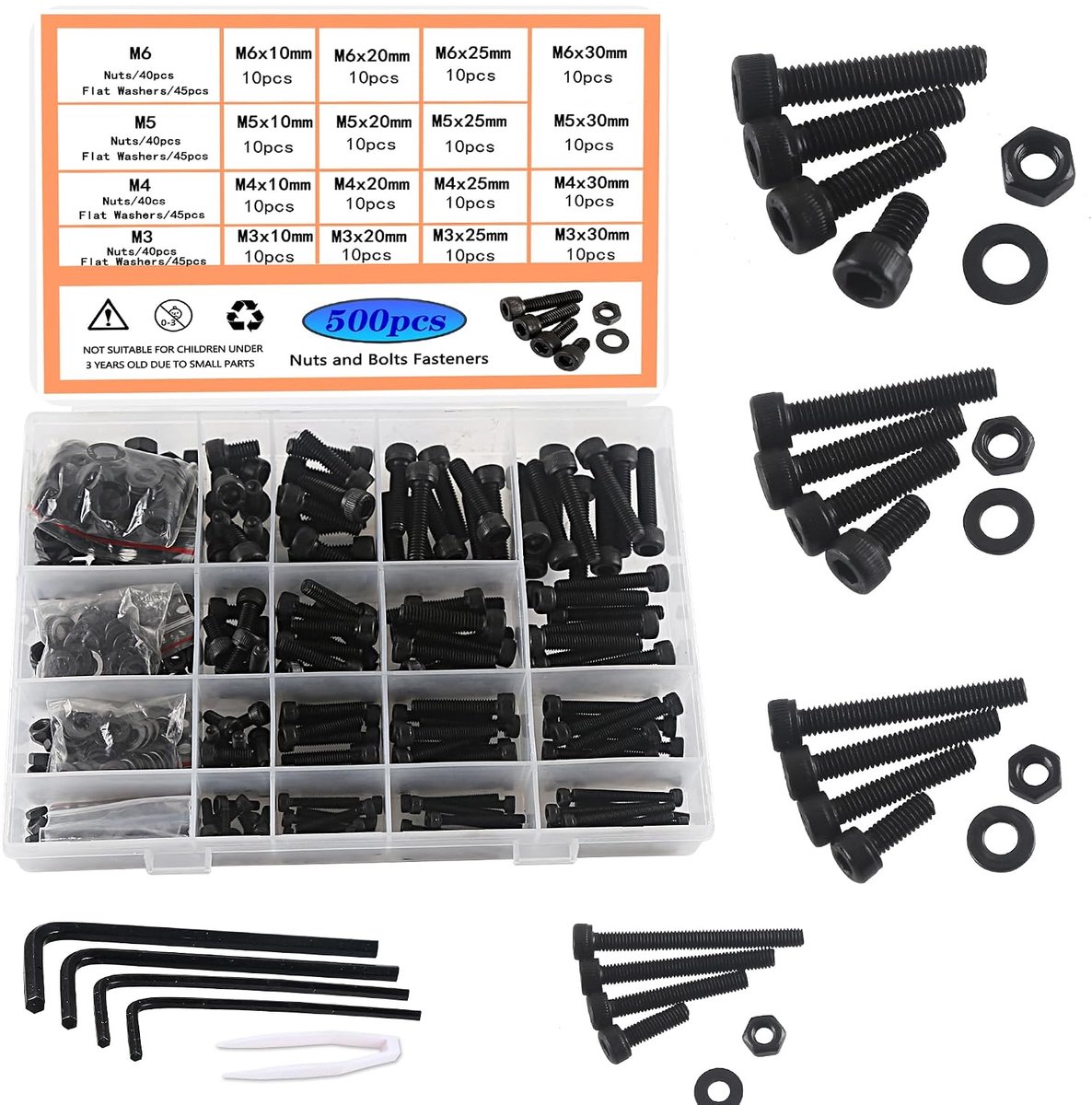 M4 M5 M6 Schroeven en moeren set koolstofstaal schroef moeren en sluitringen assortiment kit zwart inbusschroeven machineschroeven met opbergdoos 500 stuks