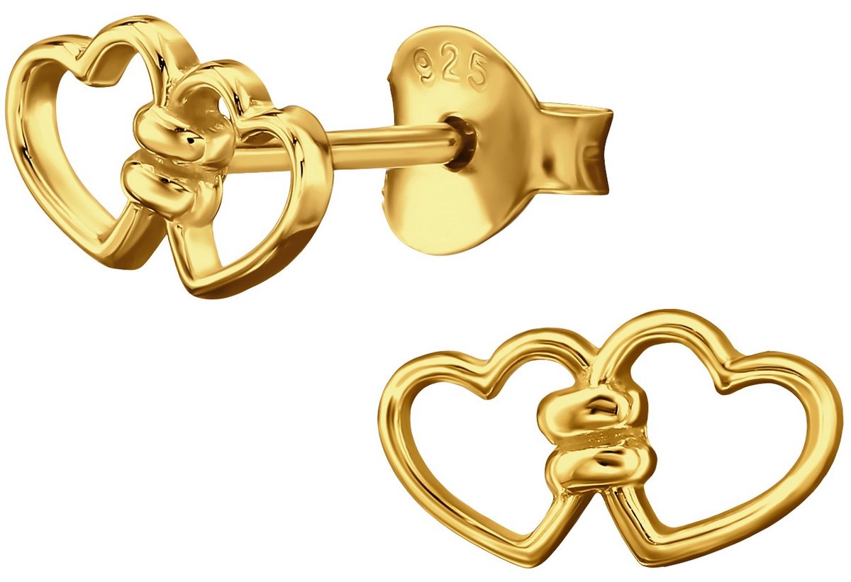 Joy|S - Zilveren hartje oorbellen - 2 hartjes met elkaar verbonden - 9 x 5 mm - gold plated - sterling zilver 925 - dames oorknopjes