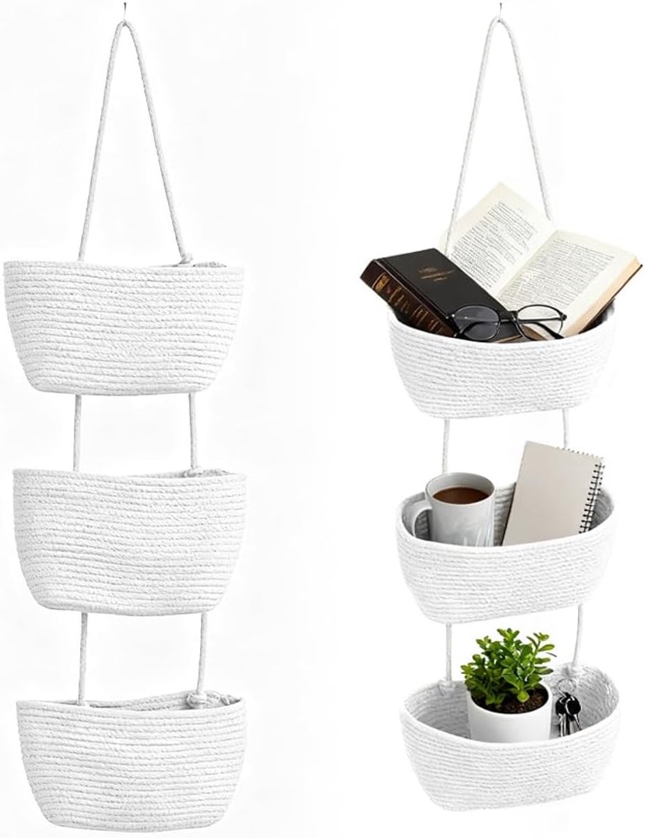 Hangende organizer, 3 etagères, gevlochten mand, hangende wandorganizer, wandhangende opbergtas, wandhangende tas voor badkamer, kinderkamer, slaapkamer (wit)