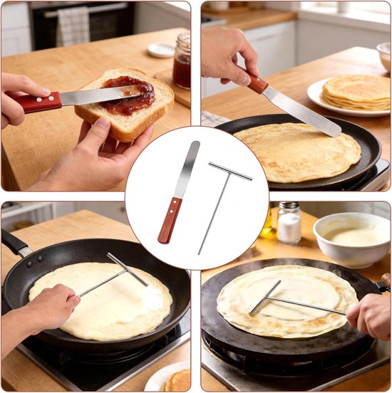 Set van 2 pannenkoekenverdelers en pannenkoeken, roestvrij staal, comfortabele handgreep, deegverdeler, spatel voor pannenkoeken, galette, pannenkoeken, pannenkoeken, pannenkoeken, pannenkoeken — afbeelding 5