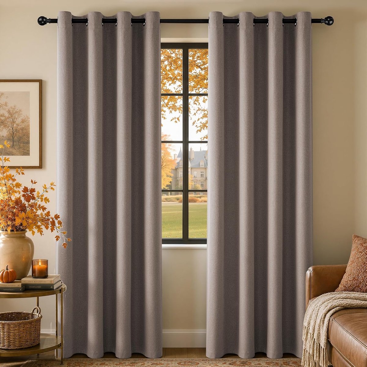 100% verduisterend, linnenlook, H 220 x B 140 cm, Zandbruin thermogordijnen met oogjes, set van 2 voor slaapkamer, woonkamer en kinderkamer