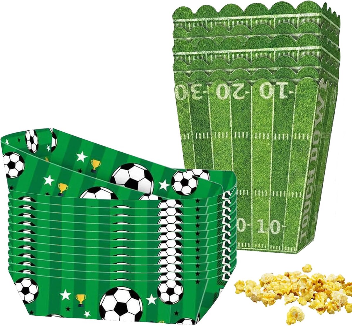 18 stuks voetbaldecoratie verjaardagsset - 12x frietboxen & 6 x popcorndozen voor kinderverjaardag, snack, stadium, voetbaldienblad, superbowl, feestdecoratie, accessoires, groen voetbal, feestservies