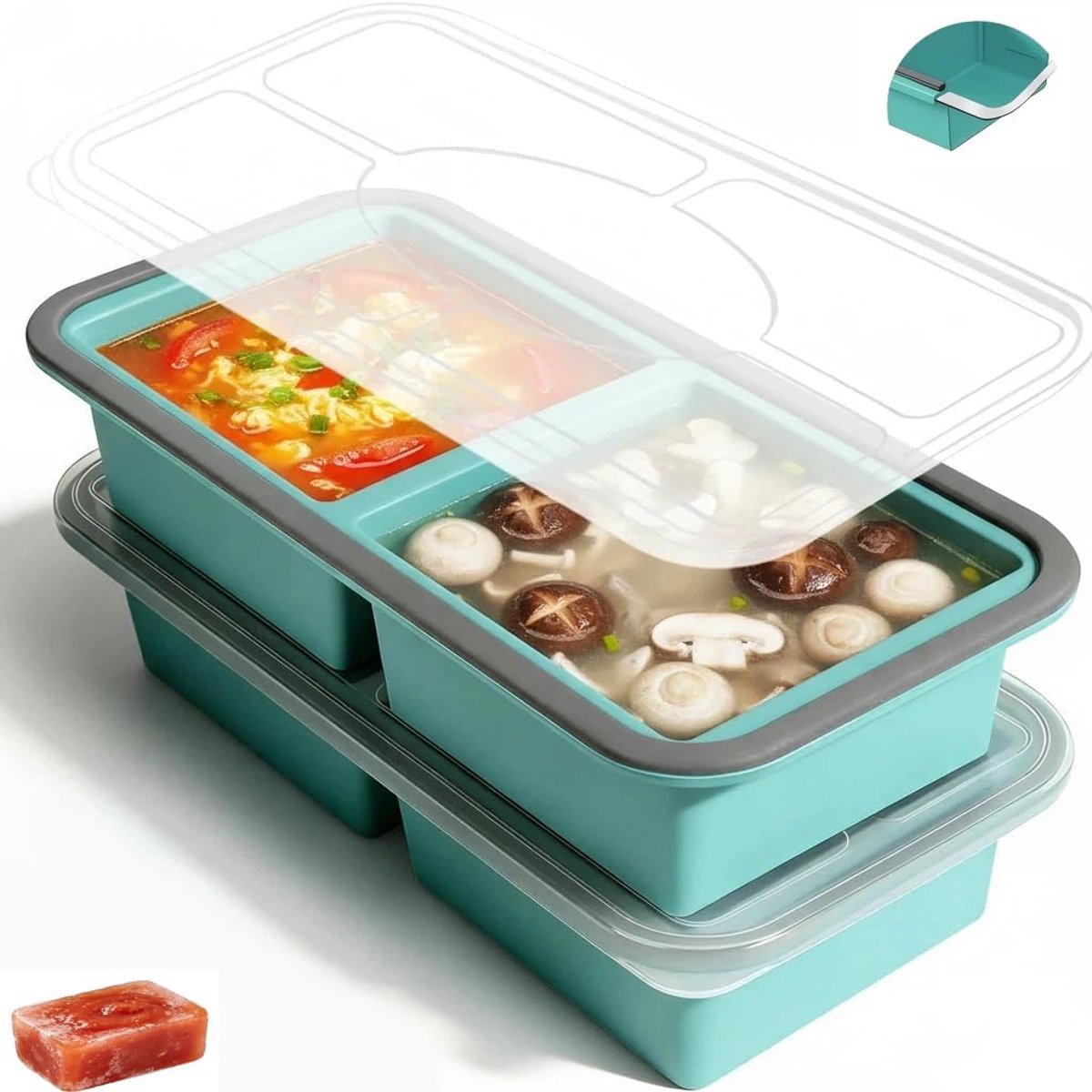 Set van 2 diepvriesvormen, 250 ml/500 ml, siliconen vriesbakjes met deksel, diepvriescontainers Souper Cubes voor soep, bouillon (2 vakken)
