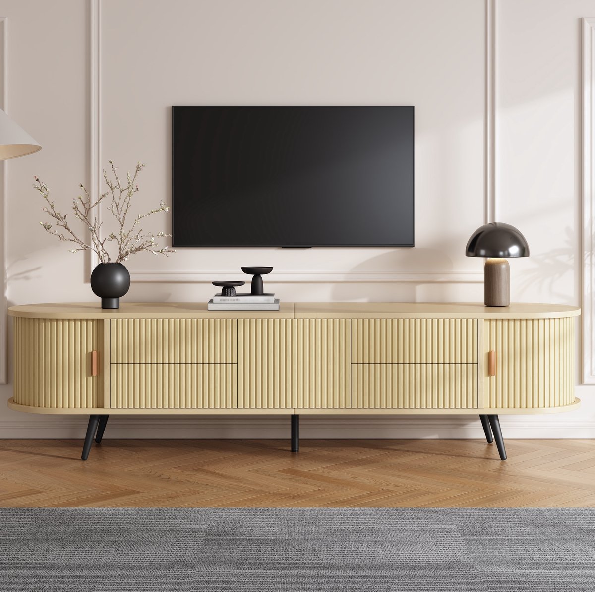 MODFU TV-Meubel - Ovale Vorm - Verticale Strepen - MDF - Natural - 180 X 40 X 45 Cm Naturel