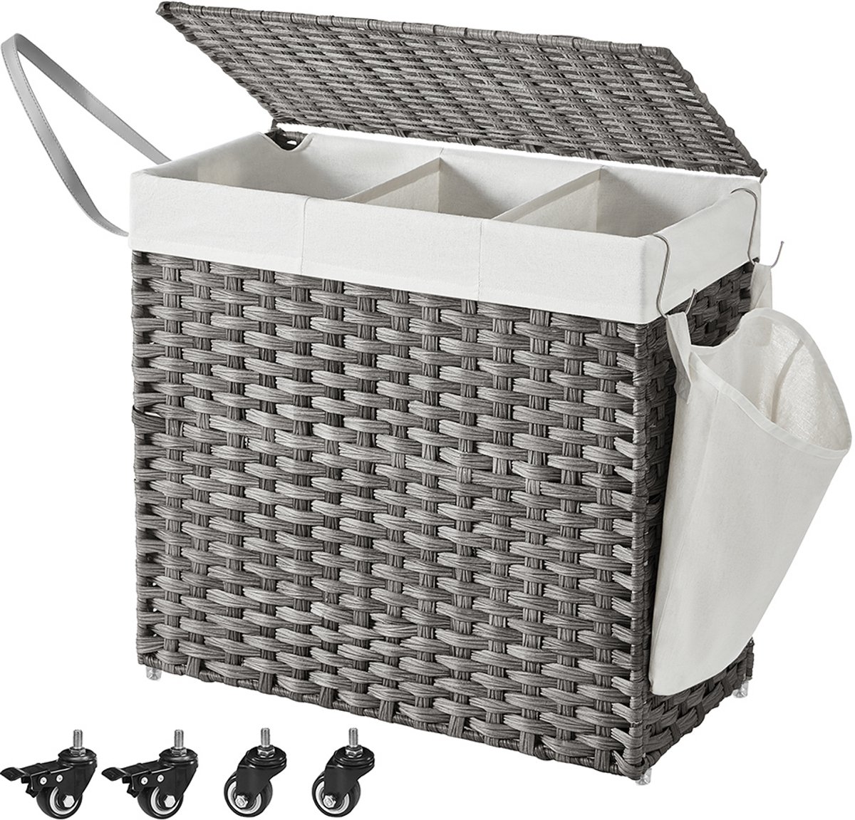 Wasmand 66 x 33 x 60 cm, Vuile Wasmand met Deksel, 3 Compartimenten, Wasgoedmand met Uitneembare Waszak, Wielen en Handgrepen, Wasmand Rietstijl, Kleding Sorteren, Wasmand voor Badkamer, Wasruimte en Woonkamer, PP-Riet, Metalen Frame, Grijs