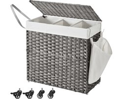 Wasmand 66 x 33 x 60 cm, Vuile Wasmand met Deksel, 3 Compartimenten, Wasgoedmand met Uitneembare Waszak, Wielen en Handgrepen, Wasmand Rietstijl, Kleding Sorteren, Wasmand voor Badkamer, Wasruimte en Woonkamer, PP-Riet, Metalen Frame, Grijs