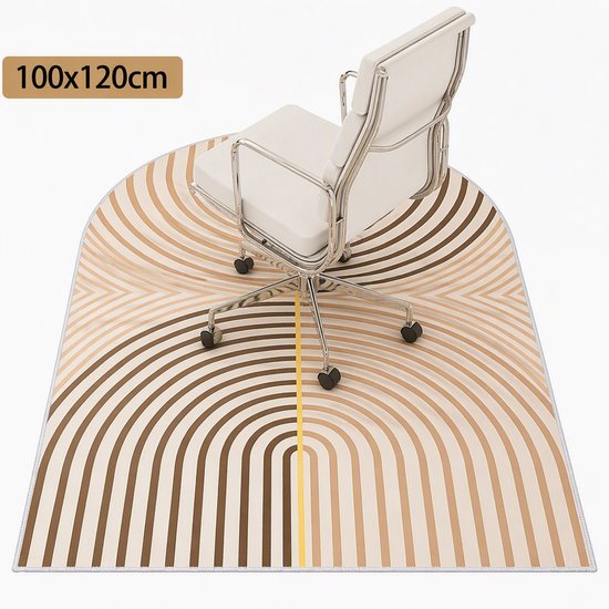 Bureaustoelmat 100x120cm met een geometrisch patroon van concentrische bogen in beige, bruin en roomwit.
