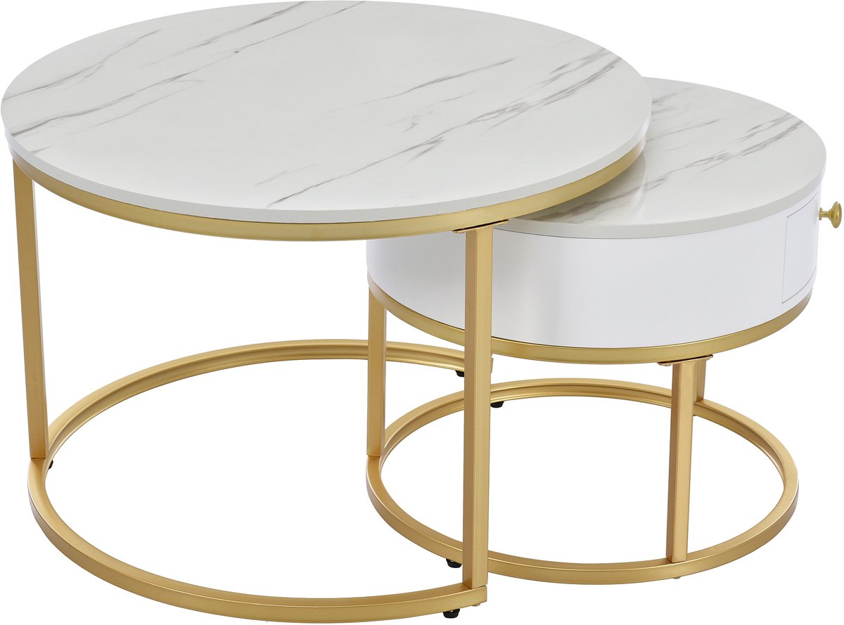 Ropilly Ronde Salontafel Set van 2 - Nesting Salontafel met Hoogglans Marmerlook - Ruimtebesparend - Woonkamer - Wit Glans Wit