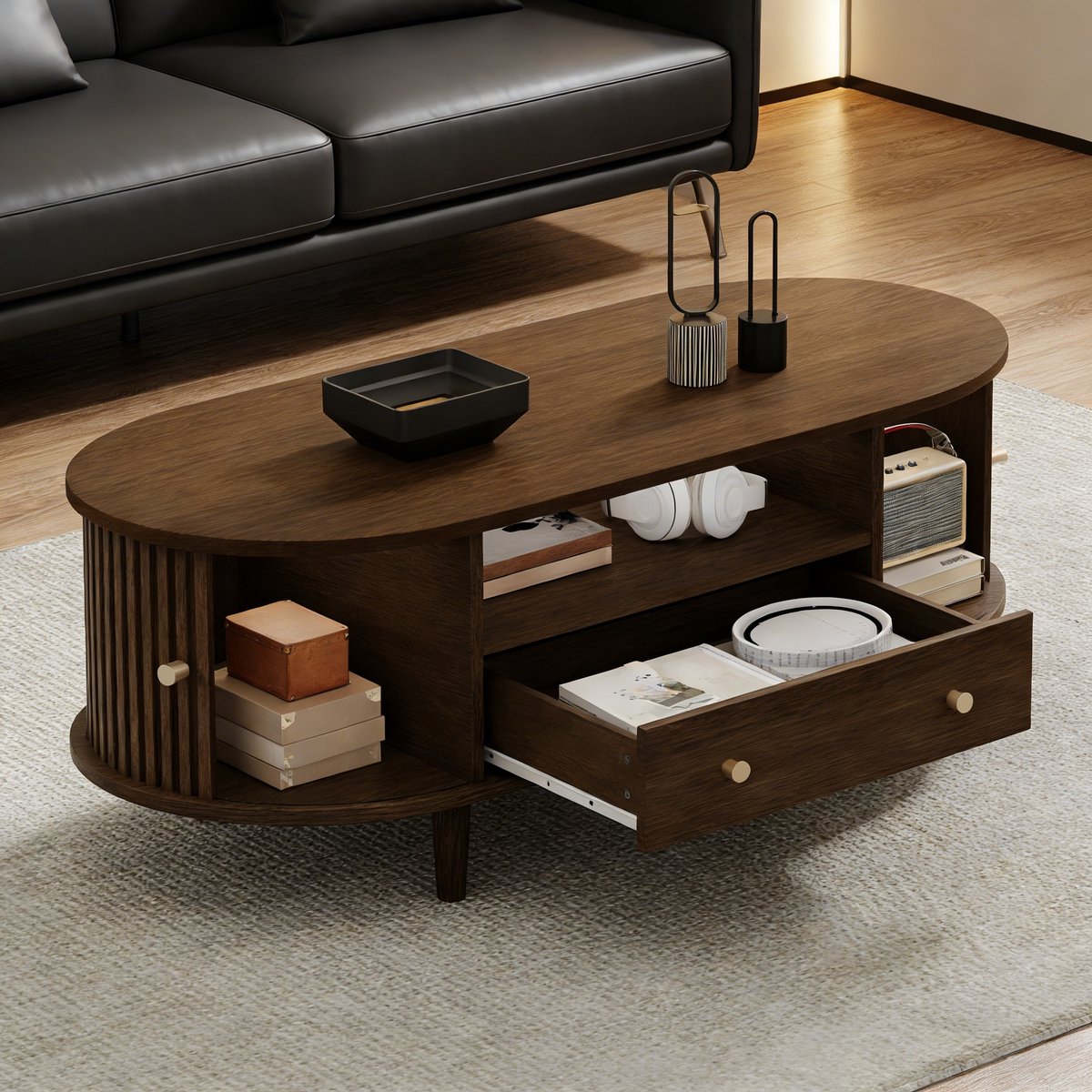 MUVANO Ovale Salontafel Walnoot - Koffietafel Met Lade - Houten Woonkamertafel - 100x50x36 cm - Met Opbergruimte En Roldeuren - Voor Woonkamer Walnootkleur