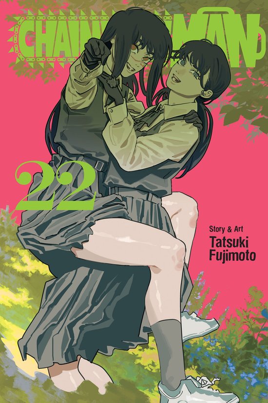 Chainsaw Man, vol. 22. Deux personnages d'anime en uniformes scolaires, une fille aux longs cheveux noirs et une chemise et jupe jaune-vert, et une autre fille avec une chemise verte et une jupe grise.