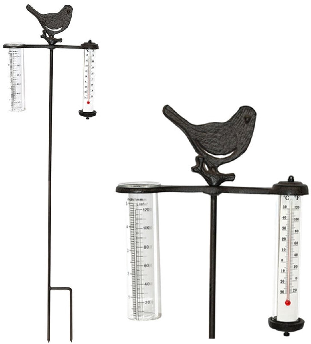 Meuwissen Agro Regenmeter en thermometer Koolmees - 83 cm - Gietijzer en glas
