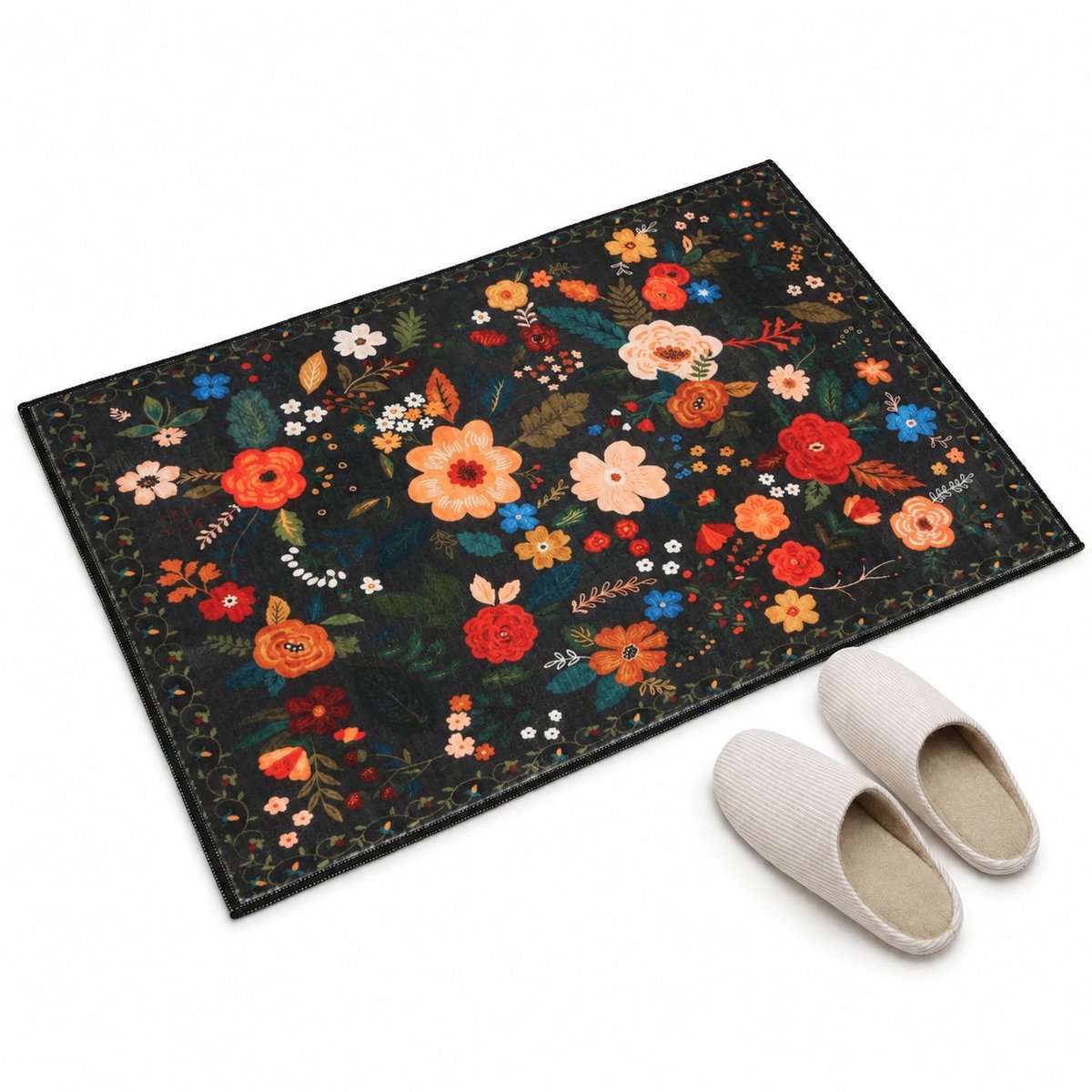 VHV - Deurmat - Antislip laagpolig vloerkleed - 50 cm - Zwart - Vloermatten - Vintage patroon - Polyester - in de keuken