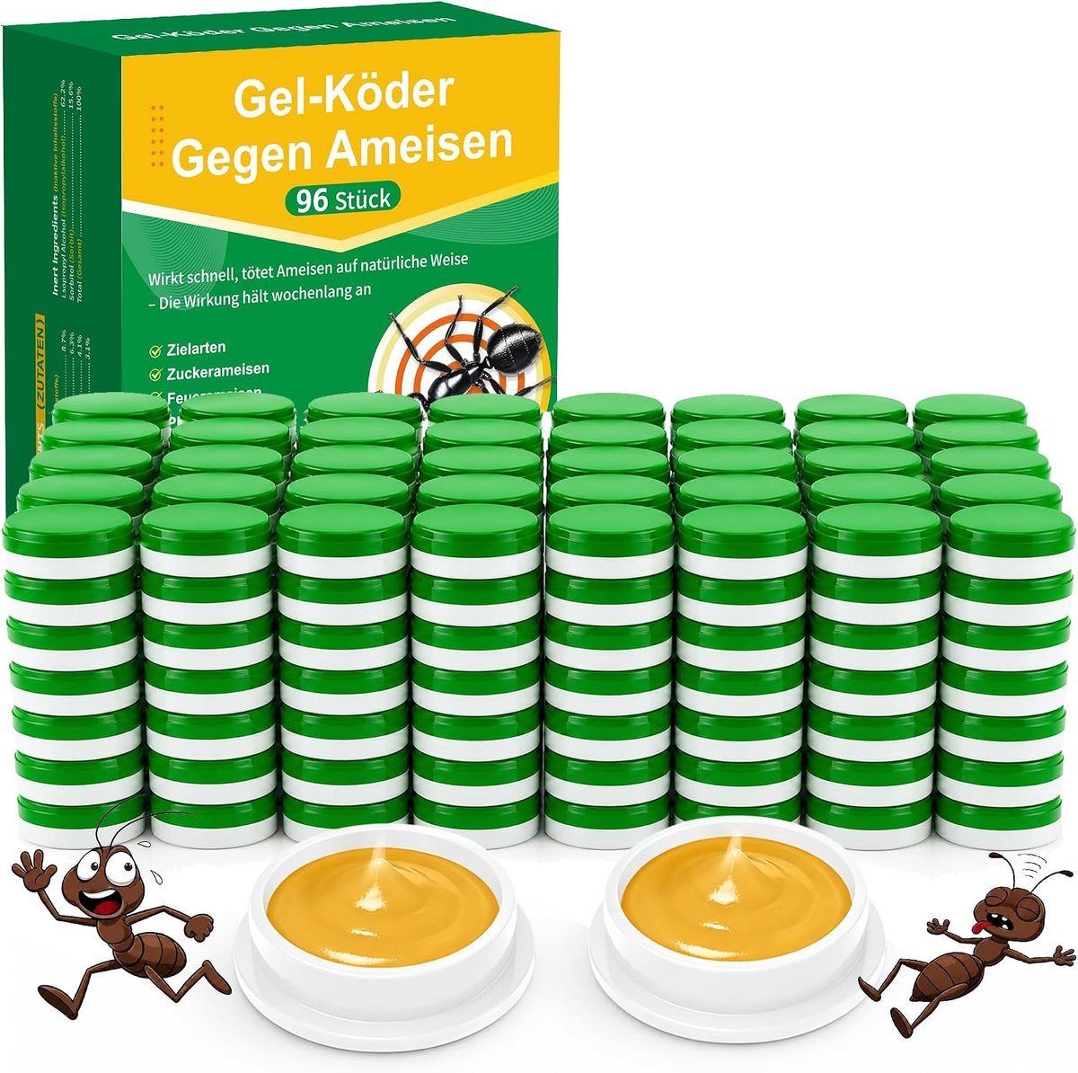 96 stuks mierenaasgel in set, praktische aasdozen voor gebruik tegen mieren in huis en tuin, betrouwbare gelset voor binnen en buiten