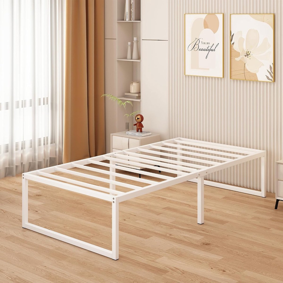 Bedframe 90x200 cm - 46 cm Hoogte met Opbergruimte Onder het Bed, Metalen Eenpersoonsbedframe met Zware Metalen Latten voor Stabiele Ondersteuning, Eenvoudige Montage, Geruisloos, Wit